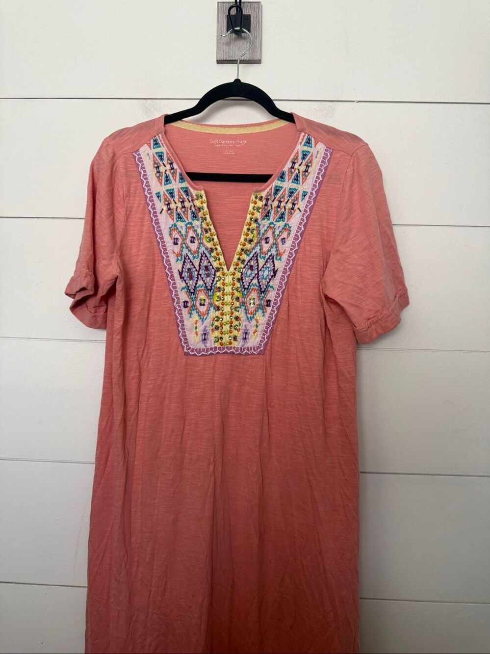 Soft Surroundings Women’s Medium Coral Embroidered Midi Dress Short Sleeve